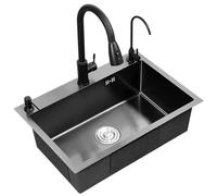 CFGYHN Fregadero de Cocina Negro de Acero Inoxidable 304, Fregadero Grande de un Solo Cuenco, Fregadero de Bar, Grifo extraíble Negro, Accesorios completos (80 x 50 x 20 cm)