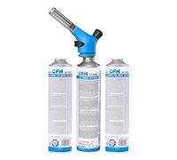 CFH Soldador perfilado TS 1800 - Set con 3 latas de gas AT 2000, potente soldador de gas multiusos con encendido piezoeléctrico y quemador especial de 20 mm de diámetro, soplete para soldadura fuerte