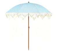 CFLNHMSY Sombrilla De Playa A Rayas De 2M, Parasol De Jardín Portátil con Borlas, Sombrilla De Patio Boho Redonda Inclinable, UPF 50+, 8 Varillas De Fibra De Vidrio, Altura Regulable