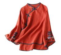 cfpqv Blusa tradicional china para mujer, bordada, algodón, lino, campana, mangas largas, botones de rana, tops, blusa Cheongsam roja para mujer, rojo, M