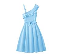 cfpqv Vestido de encaje con hombros descubiertos para niñas, con bordes fruncidos y cinturón, color sólido, multiusos, moderno, deportivo, ocio, acero inoxidable, mosquetón, joyas, azul, 11-12 años