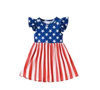 cfpqv Vestido de niña "Día de la Independencia", manga pequeña voladora, estrella de cinco puntas, estampado a rayas, falda de línea A para billetera, cadena, acero inoxidable, azul, 6-12 meses