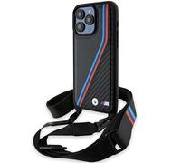 CG MOBILE BMW BMHCP15L23PSVTK Funda para iPhone 15 Pro 6.1" Estuche rígido Negro Edición M Líneas y Correa Tricolores de Carbono