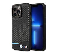 CG Mobile BMW - Funda para iPhone 14 Pro en Color Negro con línea Azul Horizontal Inferior, Funda Protectora de Fibra de Carbono de Poliuretano y Duradera con fácil de Poner, absorción de Golpes y