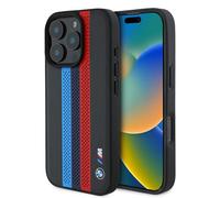 CG Mobile BMW HC M - Funda de teléfono diseñada para iPhone 16 Pro, Duradera, a Prueba de Golpes, Compatible con Magsafe, Funda de Poliuretano Perforada con Rayas tricolores, Color Negro