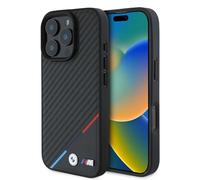 CG MOBILE BMW HC M - Funda para iPhone 16 Pro Max Durable Antigolpes Compatible con Magsafe Funda PU Carbon Tricolor Line Negro