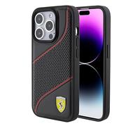 CG Mobile Ferrari - Carcasa de teléfono Compatible con iPhone 15 Pro en Negro Perforado Inclinado, Piel sintética, antiarañazos, Funda Protectora Lisa con fácil de enganchar, absorción de Golpes y