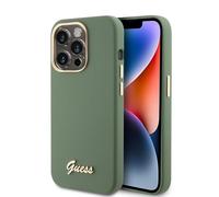 CG MOBILE Guess - Carcasa de silicona líquida con logotipo de metal y marco de cámara, color caqui