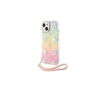 CG MOBILE Guess - Carcasa para iPhone 15 Plus IML iridiscente con cordón rosa, antiarañazos, carcasa rígida cómoda y duradera con puertos accesibles, absorción de golpes
