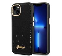 CG MOBILE Guess - Funda para iPhone 14 Plus con diseño de cocodrilo negro, funda protectora de piel sintética y antiarañazos con puertos accesibles, absorción de golpes y logotipo de la firma