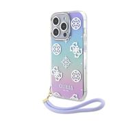 CG MOBILE Guess - Funda rígida para iPhone 15 Pro IML iridiscente con cordón morado, antiarañazos, cómoda y duradera con puertos accesibles, absorción de golpes