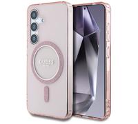 CG MOBILE Guess Glitter Circle Classic Logo Compatible con MagSafe Funda para Samsung Galaxy S25 (Rosa)
