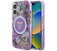 CG Mobile Guess Glitter Flowers Triangle Buttons - Carcasa para iPhone 16 Compatible con MagSafe (Morado)