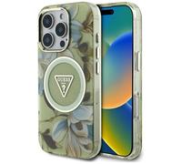 CG MOBILE Guess Glitter Flowers Triangle Buttons Carcasa para iPhone 16 Pro compatible con MagSafe (verde)