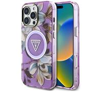 CG Mobile Guess Glitter Flowers Triangle Buttons Funda para iPhone 16 Pro Compatible con MagSafe (Morado)