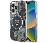 CG MOBILE Guess Glitter Flowers Triangle Buttons Funda para iPhone 16 Pro Max compatible con MagSafe (Negro)