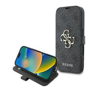 Funda Bookcase Para iPhone 16 Guess Gris Con Logo Dorado Plegable