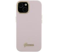 CG MOBILE Guess GUHCP15LSMBSLP Funda para iPhone 15 Pro 6.1 Rosa Funda rígida Silicona Script Logotipo y Marco de Metal