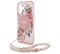 CG MOBILE Guess GUHMP16SHFWBRCESP - Carcasa rígida para iPhone 16 de 6,1", diseño de flores con correa de perlas