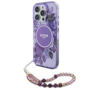 CG MOBILE Guess HC - Funda para iPhone 16 Pro Max, duradera, a prueba de golpes, compatible con Magsafe, flores IML con correa de perlas, color morado