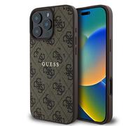 CG Mobile Guess HC - Carcasa para iPhone 16 Pro MAX, Duradera, Resistente a los Golpes, Compatible con MagSafe, Funda de PU 4G Ring Classic Logo Case Marrón