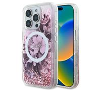 CG Mobile Guess HC - Funda diseñada para iPhone 16 Pro, Duradera, a Prueba de Golpes, Compatible con Magsafe, Funda LIQ con Purpurina de Flores, Color Rosa
