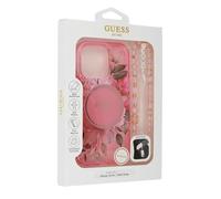 CG MOBILE Guess HC - Funda diseñada para iPhone 16 Pro, duradera, a prueba de golpes, compatible con Magsafe, flores IML con correa de perlas, color rosa
