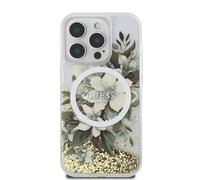 CG MOBILE Guess HC - Funda diseñada para iPhone 16 Pro Max, duradera, a prueba de golpes, compatible con Magsafe, funda LIQ con purpurina de flores, color beige