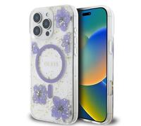 CG MOBILE Guess HC - Funda diseñada para iPhone 16 Pro Max, duradera, a prueba de golpes, compatible con Magsafe, funda de flores de resina, color morado