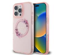 CG MOBILE Guess HC - Funda diseñada para iPhone 16 Pro Max, duradera, a prueba de golpes, compatible con Magsafe, funda IML con corona de flores, color rosa