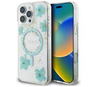 CG MOBILE Guess Resin Flowers Glitter Compatible con MagSafe Funda para iPhone 16 Pro Max (turquesa)