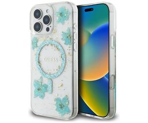 CG MOBILE Guess Resin Flowers Glitter Compatible con MagSafe Funda para iPhone 16 Pro Max (turquesa)