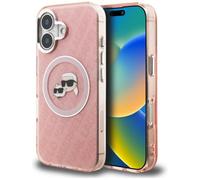 CG MOBILE Karl Lagerfeld IML Glitzer Karl & Choupette Köpfe Logo compatible con MagSafe Hülle für iPhone 16 (Rosa)