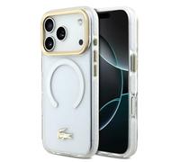 CG MOBILE Lacoste - Carcasa para iPhone 17 Pro con logotipo de oro esmerilado transparente a prueba de golpes compatible con MagSafe (blanco)