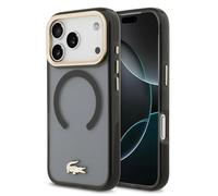 CG MOBILE Lacoste Resistente a los golpes transparente con logotipo dorado esmerilado compatible con MagSafe funda para iPhone 17 Pro (negro)