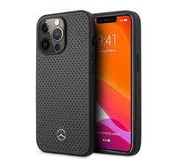 CG MOBILE Mercedes-Benz - Funda para iPhone 13 Pro, color gris perforado, protector de piel real, duradera y antiarañazos, con puertos accesibles, absorción de golpes y logotipo de la firma