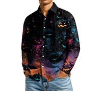 CGGMVCG Camisa de Halloween para hombre, manga larga, con estampado de calabaza, con botones, informal, cuello de solapa, para otoño, novedosa camisa de fiesta, A02 azul, S
