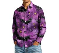 CGGMVCG Camisa de Halloween para hombre, manga larga, con estampado de calabaza, con botones, informal, cuello de solapa, para otoño, novedosa camisa de fiesta, A04 Morado, 3XL