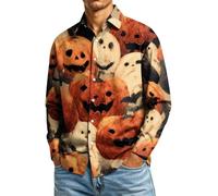 CGGMVCG Camisa de Halloween para hombre, manga larga, con estampado de calabaza, con botones, informal, cuello de solapa, para otoño, novedosa camisa de fiesta, A03 Caqui, M