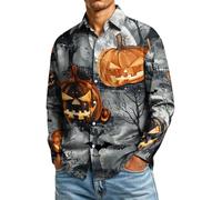 CGGMVCG Camisa de Halloween para hombre, manga larga, con estampado de calabaza, con botones, informal, cuello de solapa, para otoño, novedosa camisa de fiesta, A03 Gris, 4XL