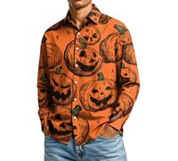 CGGMVCG Camisa de Halloween para hombre, manga larga, con estampado de calabaza, con botones, informal, cuello de solapa, para otoño, novedosa camisa de fiesta, A07 naranja, XXL