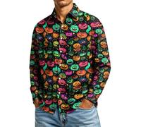 CGGMVCG Camisa de Halloween para hombre, manga larga, con estampado de calabaza, con botones, informal, cuello de solapa, para otoño, novedosa camisa de fiesta, A01 Verde, L