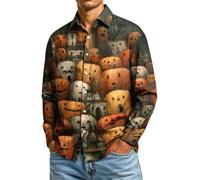 CGGMVCG Camisa de Halloween para hombre, manga larga, con estampado de calabaza, con botones, informal, cuello de solapa, para otoño, novedosa camisa de fiesta, A01 Gris, XXL