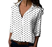 CGGMVCG Camisa Negra con Botones para Mujer, Primavera, Verano, Lunares, Manga Larga, Cuello en V, Blusa de Manga Larga para Mujer, Blanco, Medium