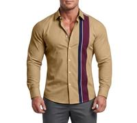 CGGMVCG Camisas de vestir de manga larga para hombre, estilo casual, con botones, diseño de panel a rayas, ajuste delgado, cuello inteligente, para el trabajo y la oficina, caqui, L
