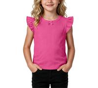 CGGMVCG Camiseta de manga corta con vuelos para niñas, de punto acanalado, cuello redondo, blusa de verano con bonito lazo, hot pink, 4-5 años