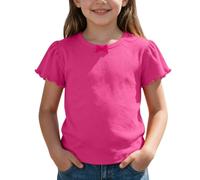 CGGMVCG Camiseta de manga corta de punto acanalado para niñas, cuello redondo, manga abombada, camiseta de verano con bonito lazo, casual, básica, hot pink, 4-5 años