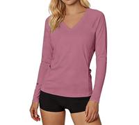 CGGMVCG Camiseta de manga larga con cuello en V para mujer, informal, ajustada, ropa interior, lisa, blusa suave, hot pink, M