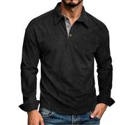 CGGMVCG Polo de pana de manga larga para hombre, con cuello y botones, para golf, informal, vintage, con bolsillo, Negro, XL