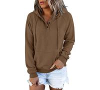 CGGMVCG Sudadera con capucha Henley de manga larga con botones para mujer, casual, ajuste holgado, con capucha, color liso, marrón, 3XL
